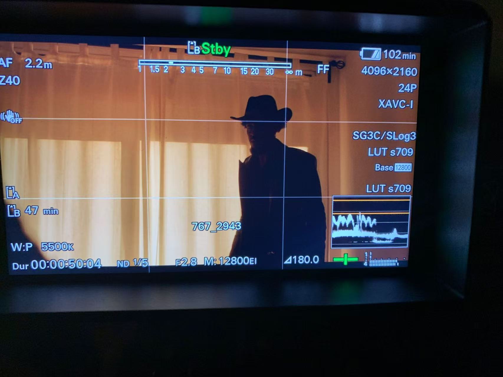 Camera monitor showing a silhouetted performer wearing a hat